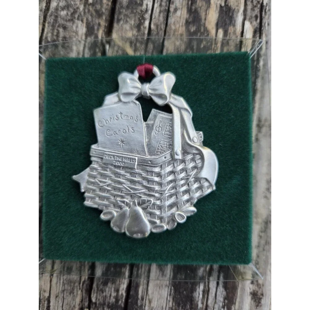 4 Longaberger Pewter Baskets 1998, 1999, 2000, 2002 Christmas Ornaments 77455‎
